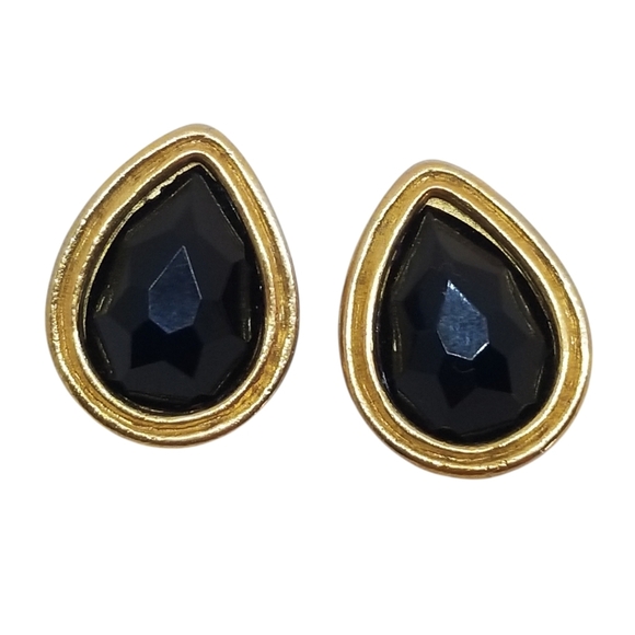 CAROL DAUPLAISE 1980s GOLDTONE & BLACK JEWEL TEARDROP DESIGN EARRINGS - Picture 3 of 5